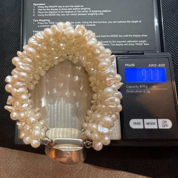 Woven freshwater pearl 925 sterling bracelet with huge druzy cabochon clasp. 7” - Picture 5 of 8